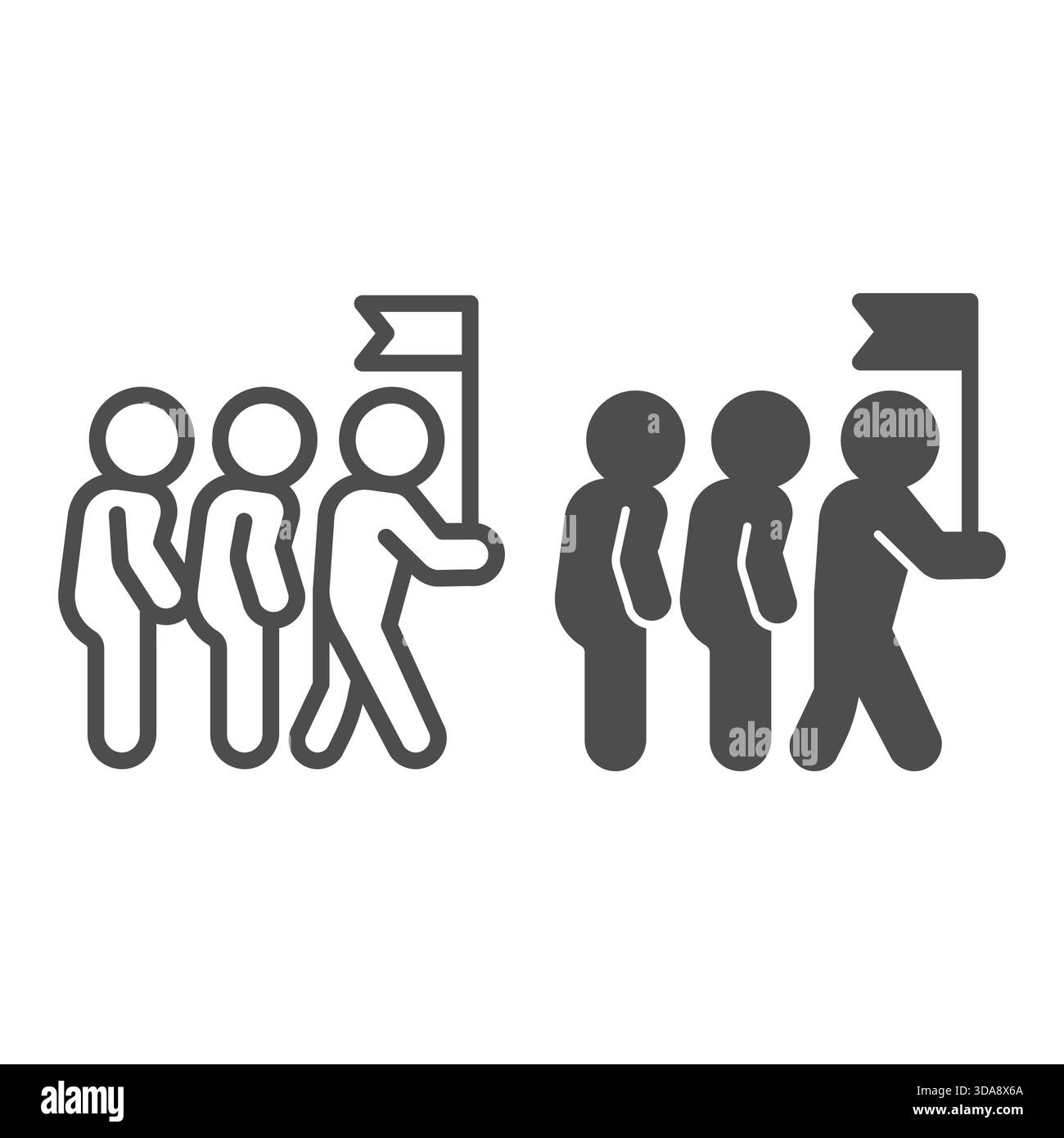 Groupe de touristes et guide avec ligne de drapeau et icône solide, concept d'enquête de voyageur. Graphiques vectoriels. Guide homme avec des gens, signe de voyage sur le dos blanc Illustration de Vecteur