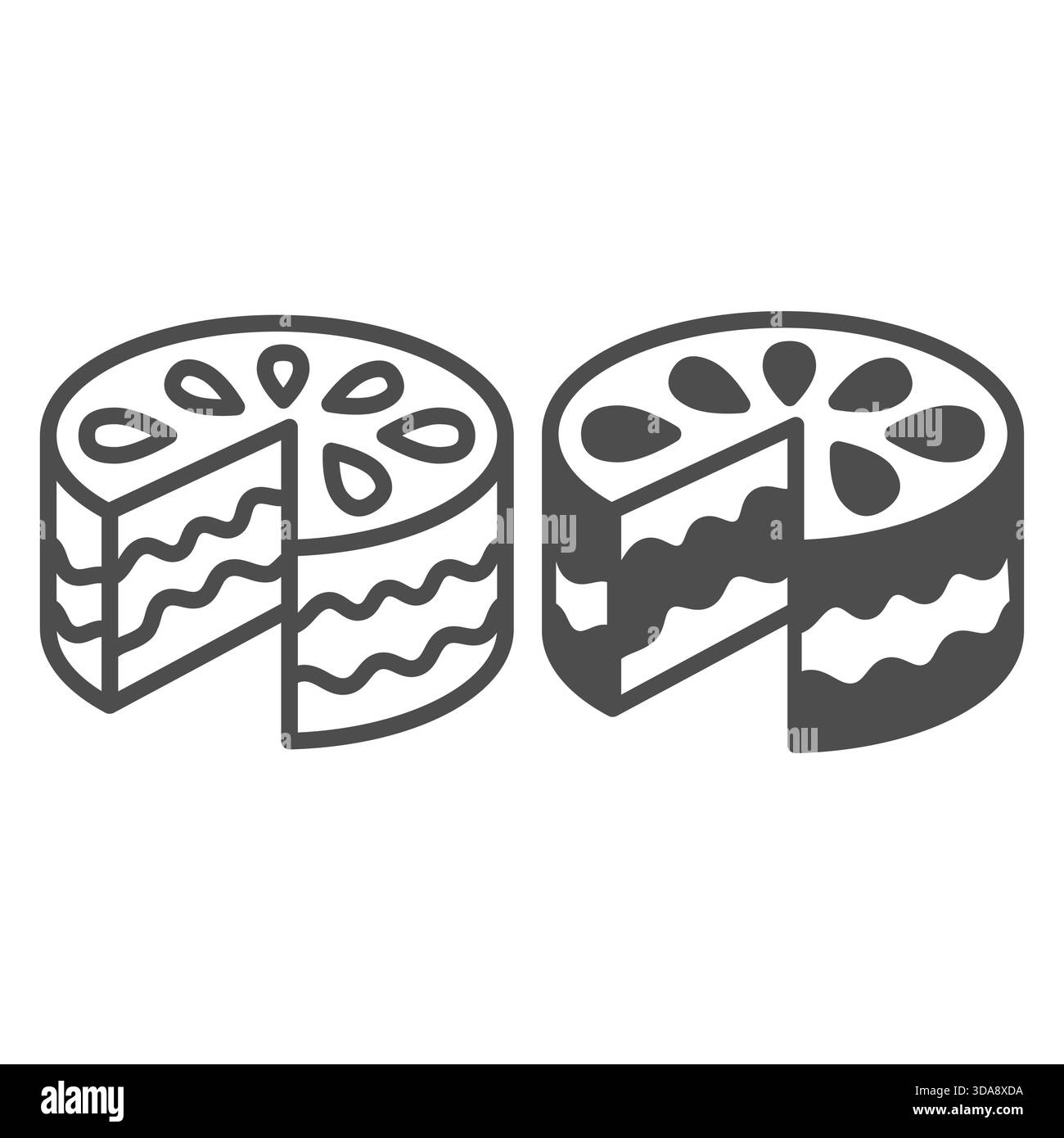 Ligne de gâteau Napoléon et icône solide, concept de bonbons du désert. Graphiques vectoriels. Pâte feuilletée tranchée, délicieux signe de gâteau sur fond blanc, style contour Illustration de Vecteur