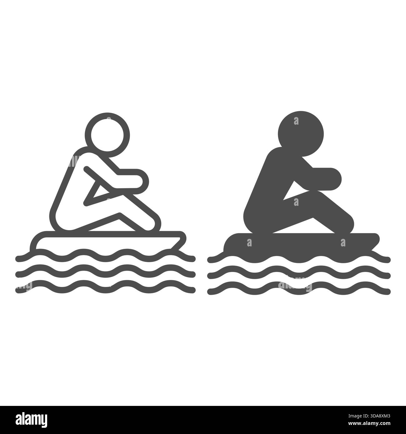 Homme sur le radeau flottant dans la ligne d'eau et icône solide, concept de sports d'été. Graphiques vectoriels. Planche de surf avec l'homme et le signe des vagues de la mer sur fond blanc, Illustration de Vecteur