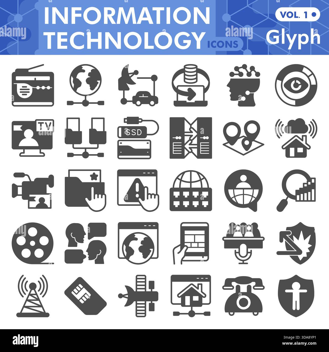 Collection ou croquis de symboles info tech, thème de données technologiques avec des signes de style glyphe pour le web et l'application. Graphiques vectoriels isolés sur fond blanc Illustration de Vecteur