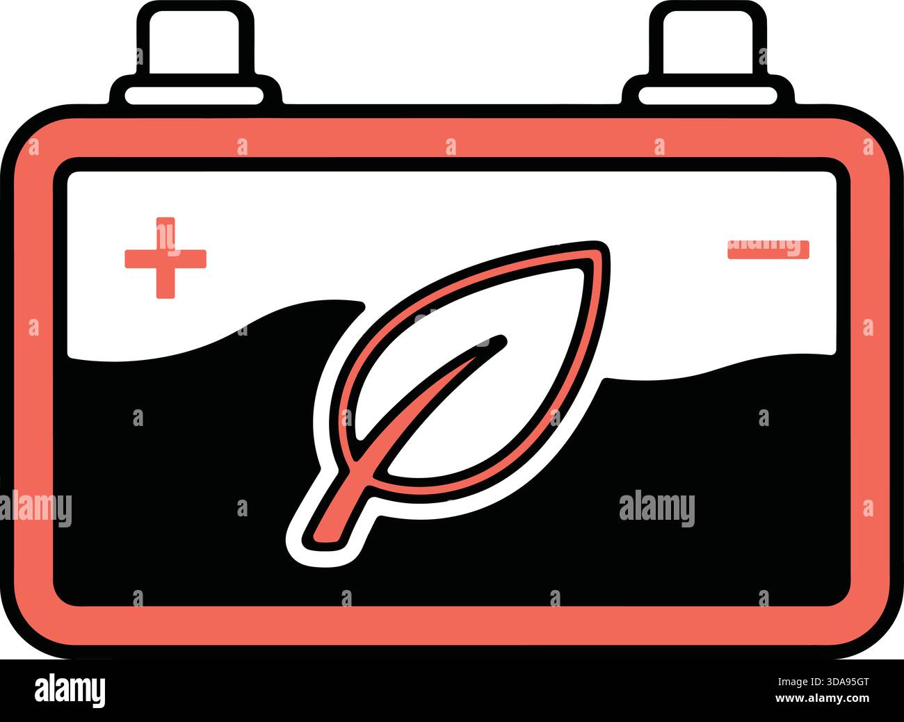 Une représentation graphique stylisée d'une batterie de voiture, avec une icône en forme de feuille et des bornes positives/négatives, symbolisant l'énergie propre, la technologie verte, Illustration de Vecteur