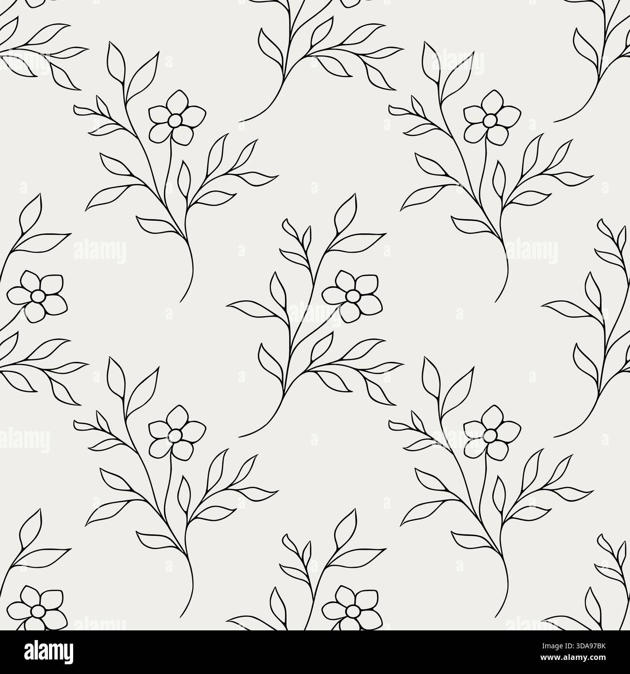 Un motif vectoriel sans couture délicat et minimaliste de fines branches à contour noir avec de simples fleurs à cinq pétales et des feuilles sur un backgroun Cloud Dancer Illustration de Vecteur