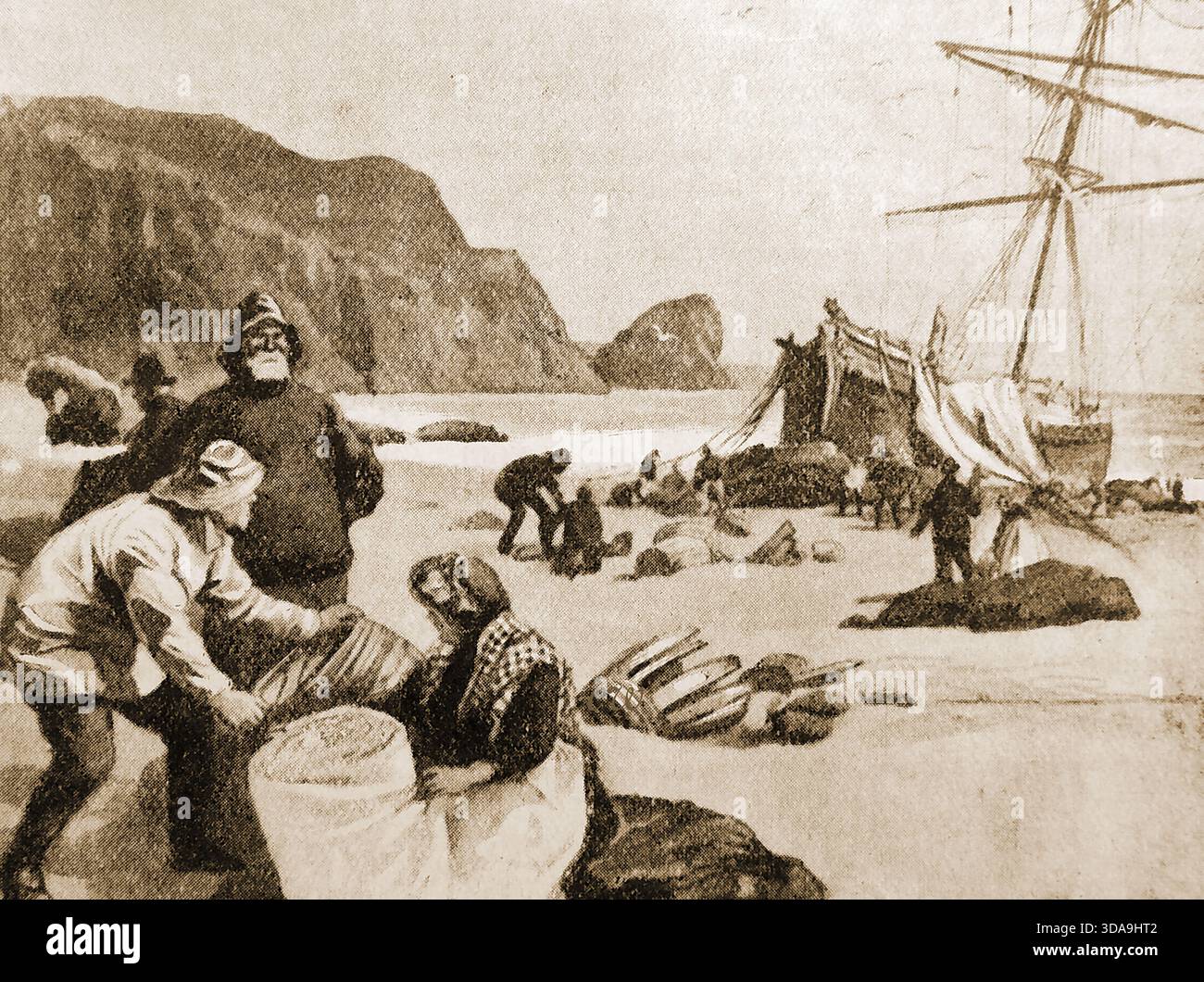 naufrage - pratique consistant à prendre des objets de valeur d'un naufrage qui s'est effondré ou s'est échoué près du rivage. Cette image de 1901 montre des résidents locaux ramassant des marchandises d'un navire naufragé. Il était courant dans les temps précédents pour les villageois dans des communautés isolées connues sous le nom de « Wreckers ; allumer de fausses lumières la nuit iin afin de confondre les navires qui étaient souvent forcés vers des rochers ou des plages où leur cargaison serait pillée. Banque D'Images