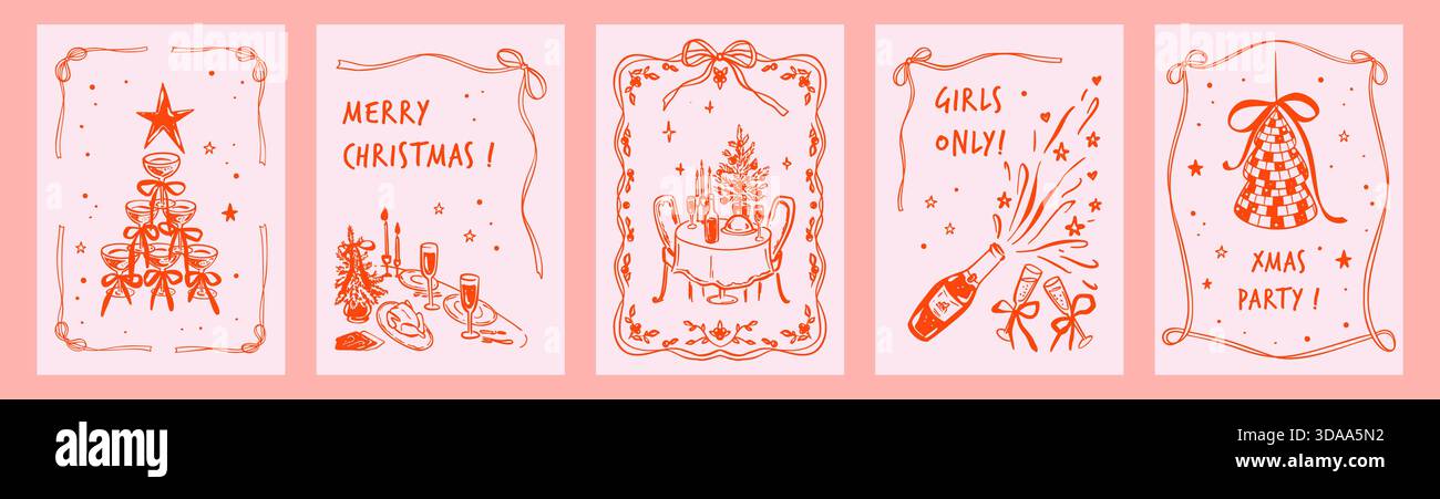 Ensemble de Joyeux Noël et joyeux nouvel an coquettish Girly posters, cadres de ruban d'arc invitations de partie de bachelorette. Dessin fantaisiste au crayon. Illustration de Vecteur