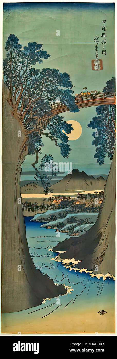 Utagawa Hiroshige, vue du pont des singes, 1841, paysage Illustration de Vecteur