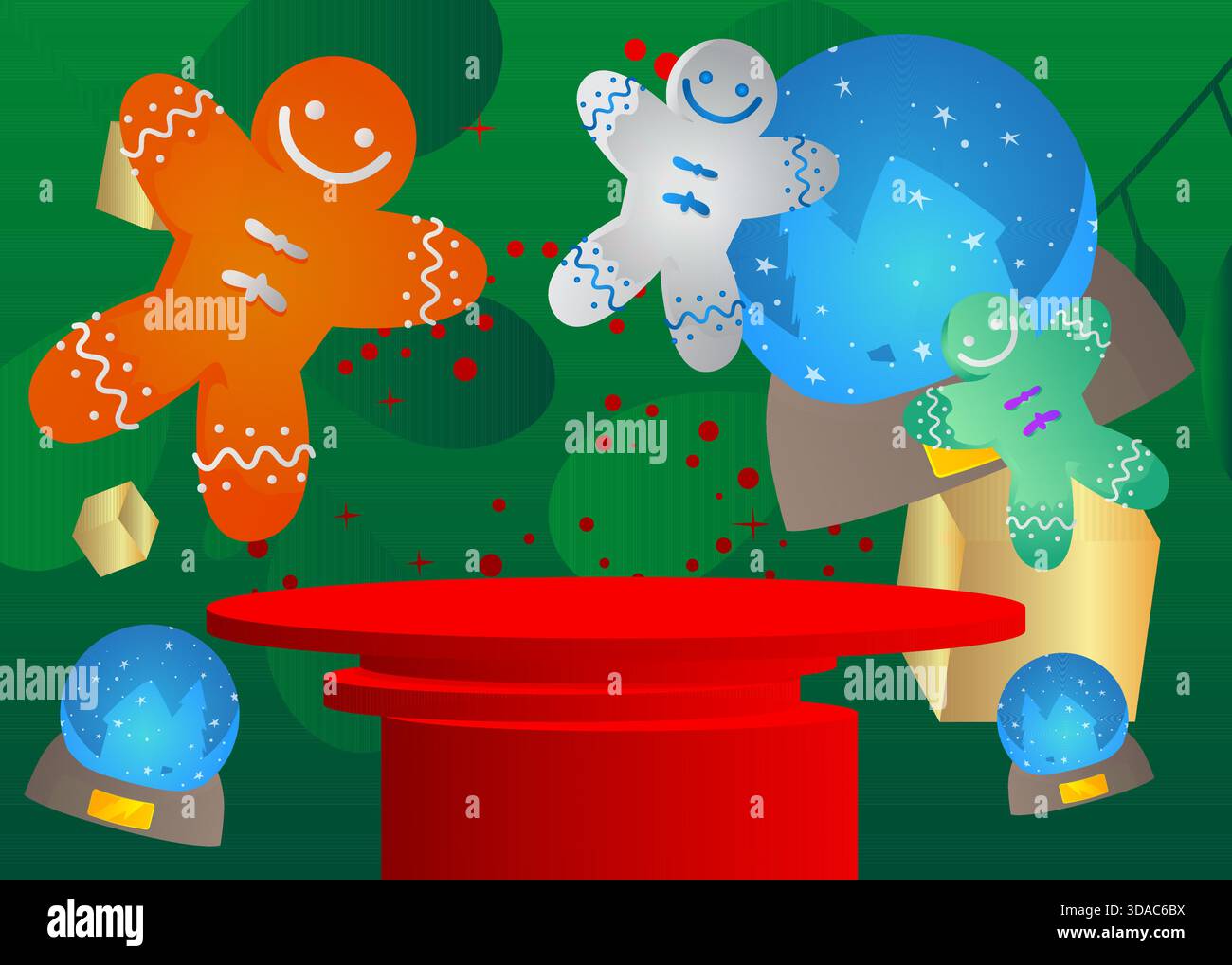 Présentoir de produits de maquette avec globe à neige et biscuits de Noël homme en pain d'épice. Piédestal de cylindre vectoriel podium. Présentez la vitrine pour la présentation. Minimal Illustration de Vecteur