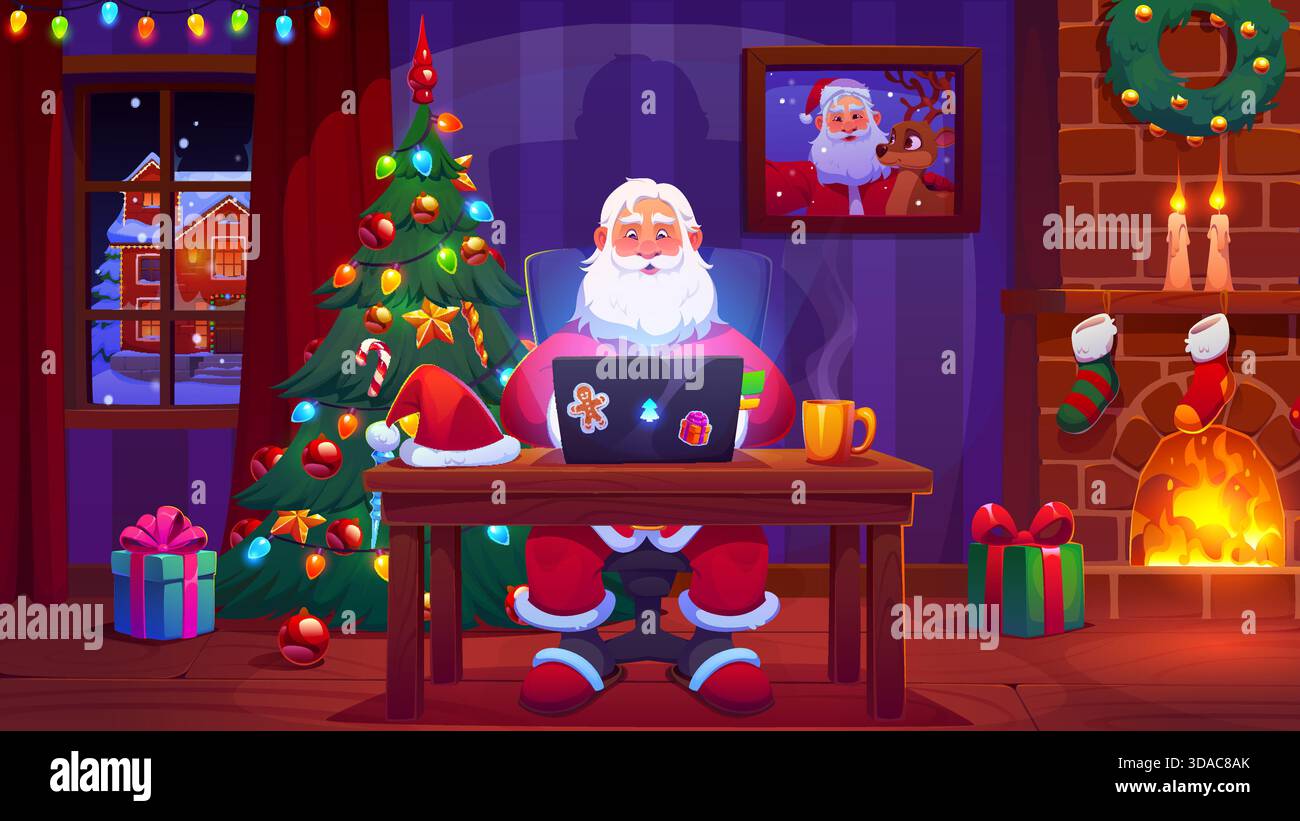 Dessin animé Père Noël travaillant sur ordinateur portable Illustration de Vecteur