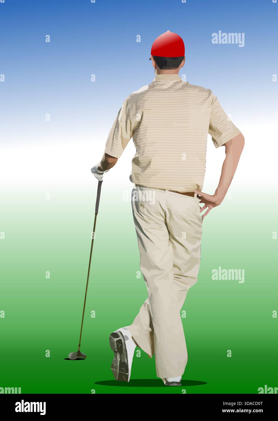 Golfeur profite de la vue sur le terrain de golf tout en se tenant debout sur le green. Illustration dessinée à la main Illustration de Vecteur