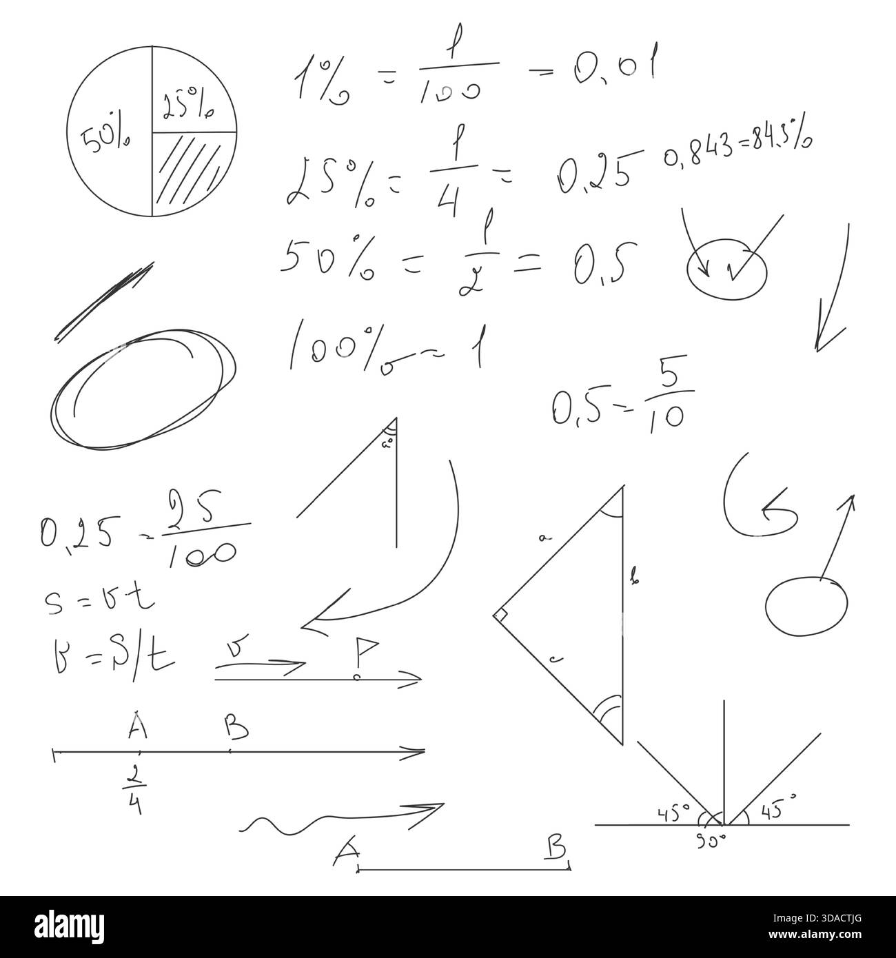Formules mathématiques scolaires, triangles et cercles, croquis noir et blanc. Illustration vectorielle. Équations trigonométriques et algébriques, droites et flèches isol Illustration de Vecteur