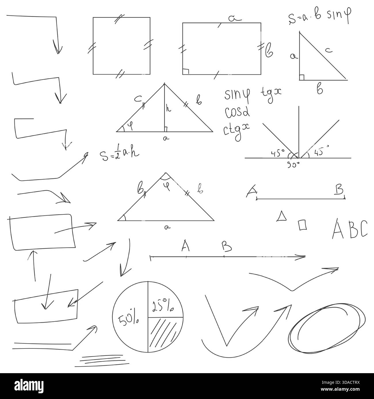 Chiffres et cercles de mathématiques scolaires, croquis noir et blanc. Illustration vectorielle. Équations trigonométriques et algébriques, formules et flèches isolées sur un Illustration de Vecteur