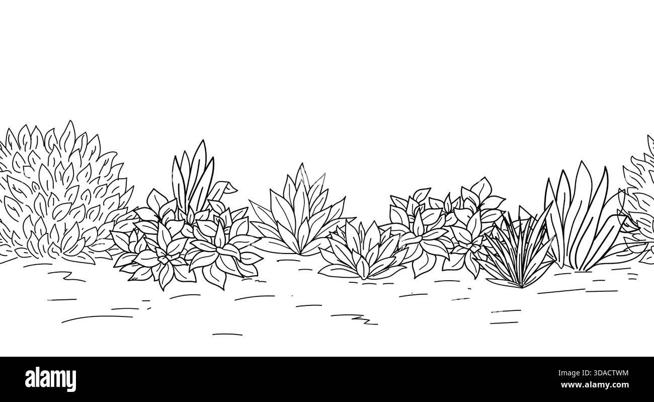 Buissons luxuriants avec des feuilles, verdure sur le champ d'herbe de printemps, croquis. Illustration vectorielle. Panorama de la scène de la nature avec prairie, parc paysager sur la mer Illustration de Vecteur