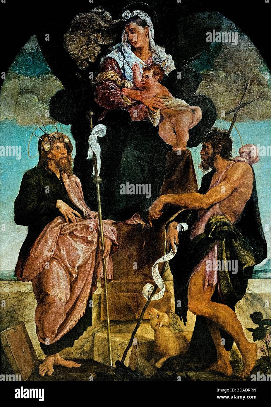 Marie avec l'enfant et les saints 1510 Jacopo dal Ponte, appelé Bassano (vers 1510-1592) aujourd'hui, Bassano est reconnu comme l'auteur de certaines des images les plus étonnantes et originales du XVIe siècle : des œuvres qui combinent une attention particulière aux détails naturalistes avec des figures élégamment chorégraphiées et un intérêt pour les activités quotidiennes. Banque D'Images