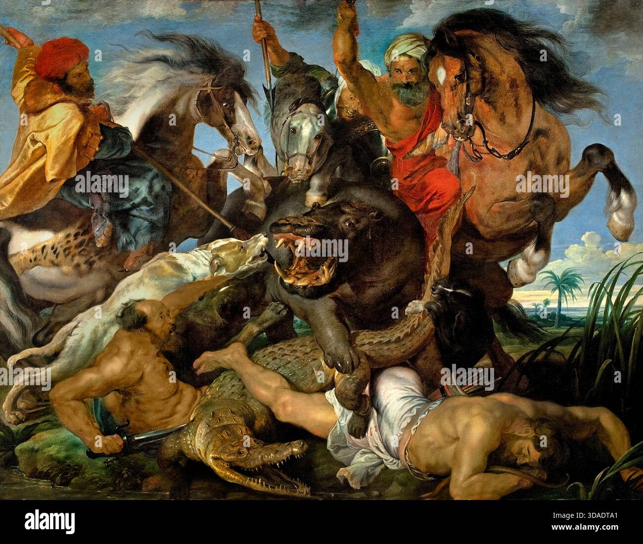 Hippopotame et chasse au crocodile 1615 PETER PAUL RUBENS (1577-1640) Belgique flamande ( Hippopotame et chasse au crocodile est une peinture à l'huile sur toile de Peter Paul Rubens. Il a été commandé en 1615 pour décorer le palais de Schleißheim, avec trois autres œuvres représentant des chasses au lion, au loup et au sanglier. Le cycle de peintures a été pillé du palais pendant les guerres napoléoniennes. Seule la chasse à l'hippopotame et au crocodile a été rendue à Munich, date à laquelle elle a été ajoutée à la collection qui est maintenant l'Alte Pinakothek . Banque D'Images