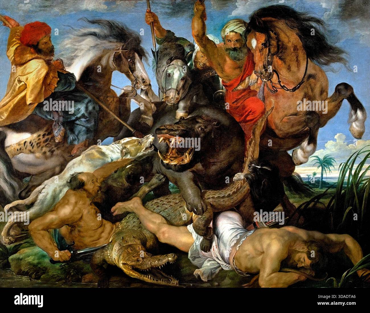 Hippopotame et chasse au crocodile 1615 PETER PAUL RUBENS (1577-1640) Belgique flamande ( Hippopotame et chasse au crocodile est une peinture à l'huile sur toile de Peter Paul Rubens. Il a été commandé en 1615 pour décorer le palais de Schleißheim, avec trois autres œuvres représentant des chasses au lion, au loup et au sanglier. Le cycle de peintures a été pillé du palais pendant les guerres napoléoniennes. Seule la chasse à l'hippopotame et au crocodile a été rendue à Munich, date à laquelle elle a été ajoutée à la collection qui est maintenant l'Alte Pinakothek . Banque D'Images
