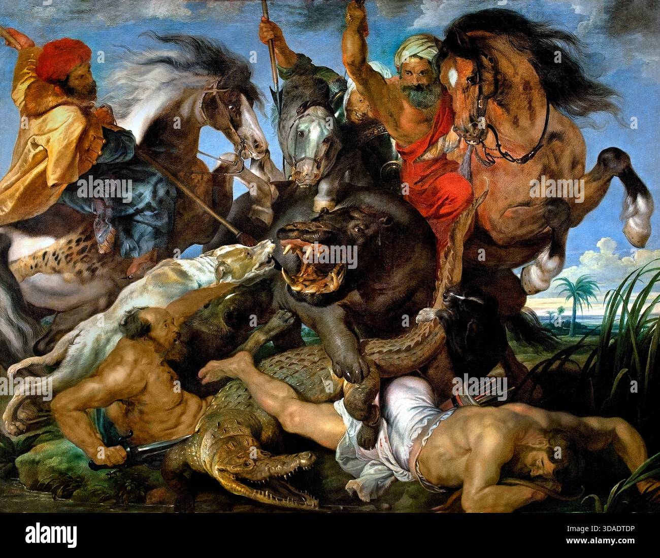Hippopotame et chasse au crocodile 1615 PETER PAUL RUBENS (1577-1640) Belgique flamande ( Hippopotame et chasse au crocodile est une peinture à l'huile sur toile de Peter Paul Rubens. Il a été commandé en 1615 pour décorer le palais de Schleißheim, avec trois autres œuvres représentant des chasses au lion, au loup et au sanglier. Le cycle de peintures a été pillé du palais pendant les guerres napoléoniennes. Seule la chasse à l'hippopotame et au crocodile a été rendue à Munich, date à laquelle elle a été ajoutée à la collection qui est maintenant l'Alte Pinakothek . Banque D'Images