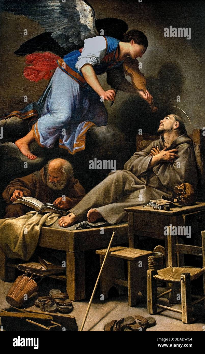 Vision de Saint François par Carlo Saraceni (1579 – 16 juin 1620) Italie Italien ( Saint François , comme il a vécu au XIIIe siècle, sa vie a été une incarnation radicale et littérale de ses enseignements, en particulier l'appel de Jésus à la pauvreté et à l'amour (Matthieu 19 :21), vivant l'Évangile quotidiennement, voyant Dieu dans toute la création, et devenant un « second Christ » en renonçant à la richesse pour le service, fondant l'ordre franciscain, et inspirant un mouvement de disciple disciple, pauvre et joyeux ) Banque D'Images