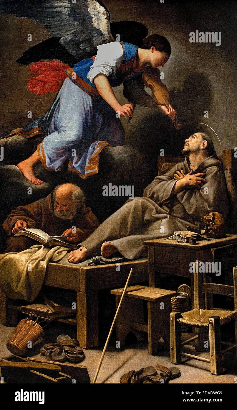 Vision de Saint François par Carlo Saraceni (1579 – 16 juin 1620) Italie Italien ( Saint François , comme il a vécu au XIIIe siècle, sa vie a été une incarnation radicale et littérale de ses enseignements, en particulier l'appel de Jésus à la pauvreté et à l'amour (Matthieu 19 :21), vivant l'Évangile quotidiennement, voyant Dieu dans toute la création, et devenant un « second Christ » en renonçant à la richesse pour le service, fondant l'ordre franciscain, et inspirant un mouvement de disciple disciple, pauvre et joyeux ) Banque D'Images