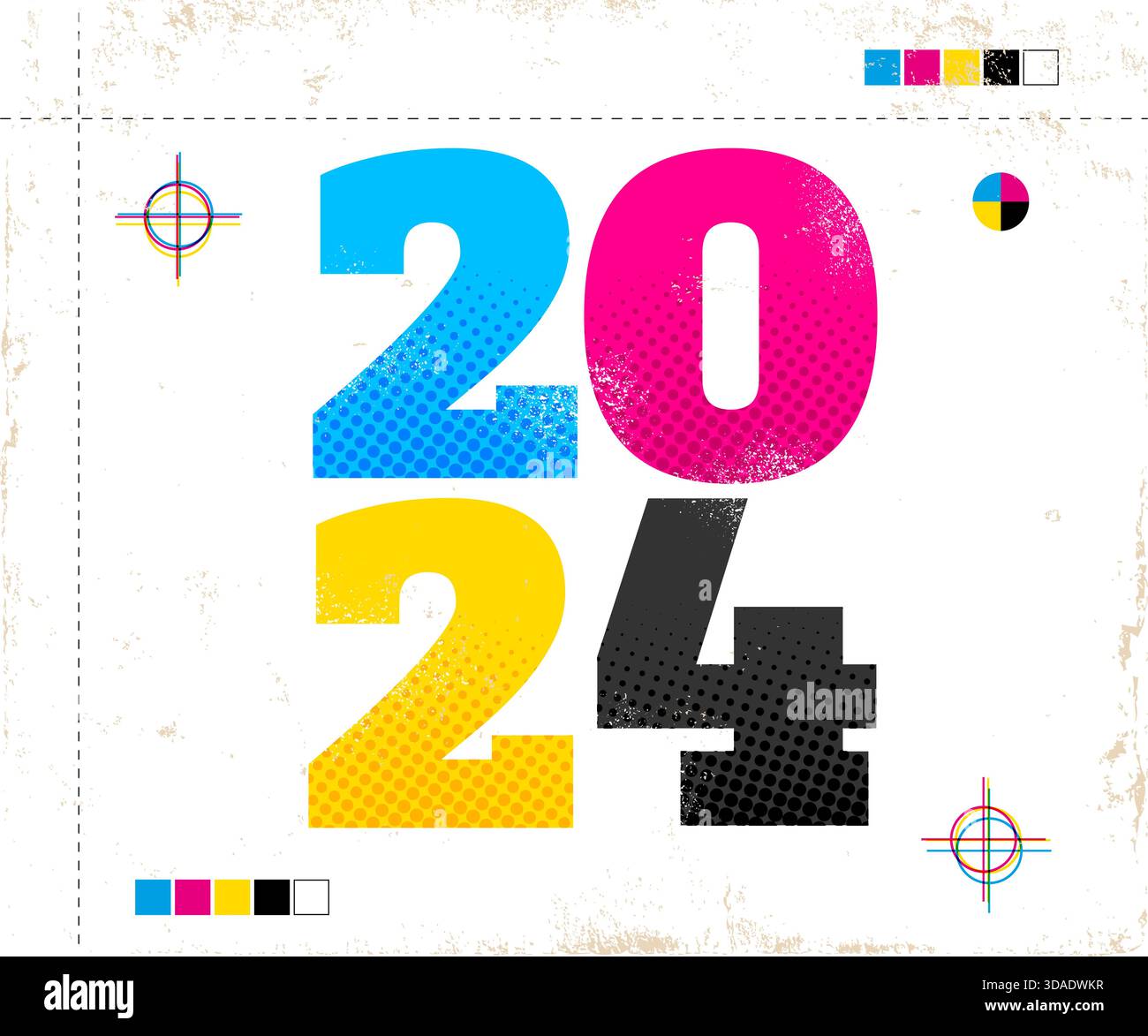 Affiche vintage vectorielle avec 2024 dans le style CMJN. Affiche rétro pour la nouvelle année 2024 Illustration de Vecteur