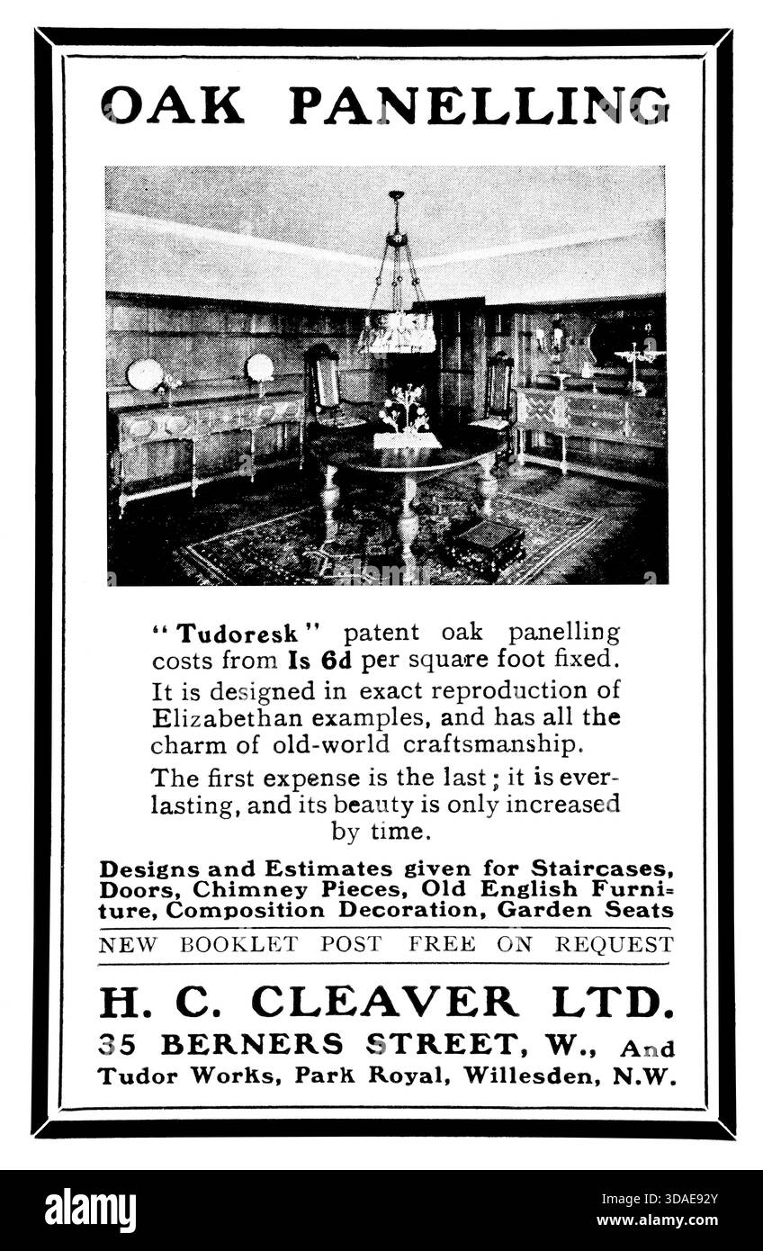 1914 H C Cleaver Ltd, Tudor Works, Willesden, publicité pour lambris en chêne sur mesure du magazine Studio Banque D'Images