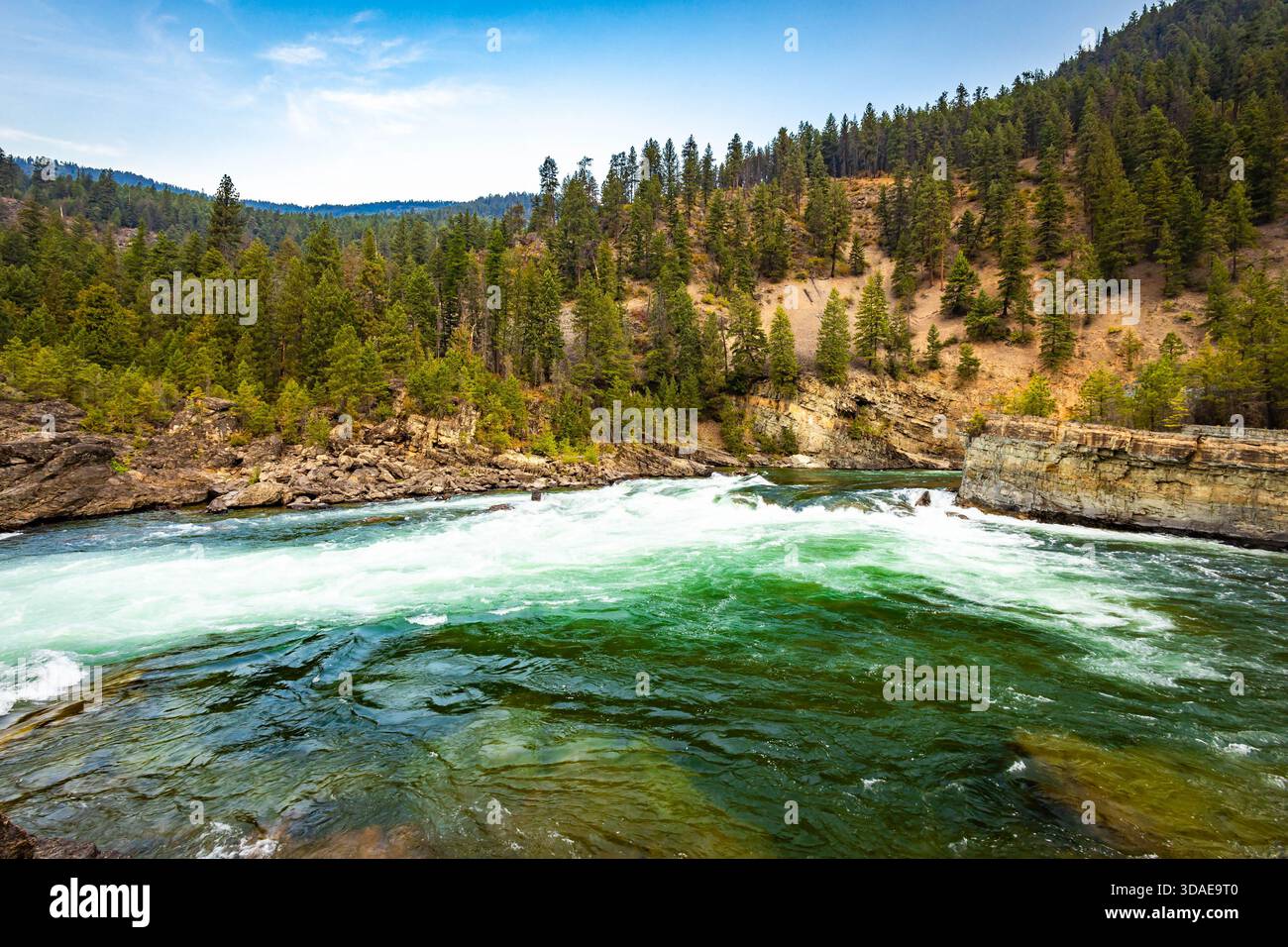 Vue panoramique à couper le souffle sur la rivière Kootenay couleur émeraude qui coule gracieusement à travers un paysage majestueux de crêtes de montagnes boisées Banque D'Images