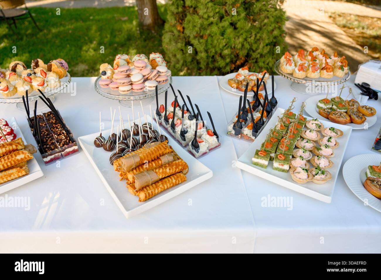 Une table avec un assortiment de macarons, canapés, galettes et desserts au chocolat. Gros plan de la table de banquet avec une variété de collations sucrées et salées Banque D'Images