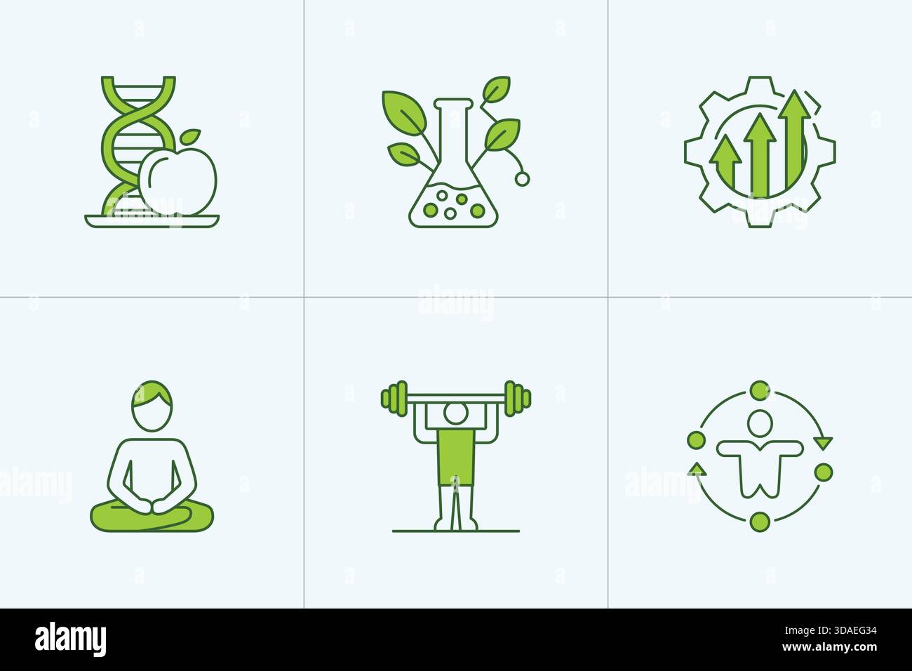 Icônes de biohacking avec nutrigénomique adn et bien-être holistique Illustration de Vecteur