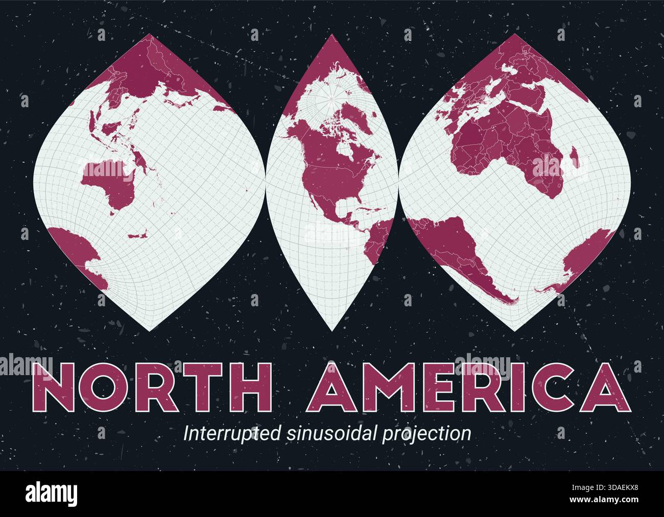 Carte du monde. Projection sinusoïdale interrompue centrée sur l'Amérique du Nord. Palette Pink foncé menthe pâle. Texture vintage. Illustration vectorielle captivante. Illustration de Vecteur