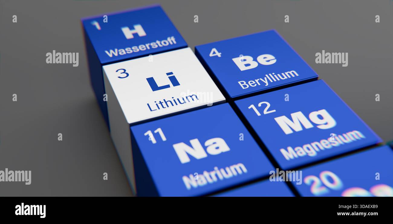 Vue détaillée de l'élément chimique Li lithium de numéro atomique 3 dans la table périodique des éléments en allemand. Effet de dispersion dynamique à Banque D'Images