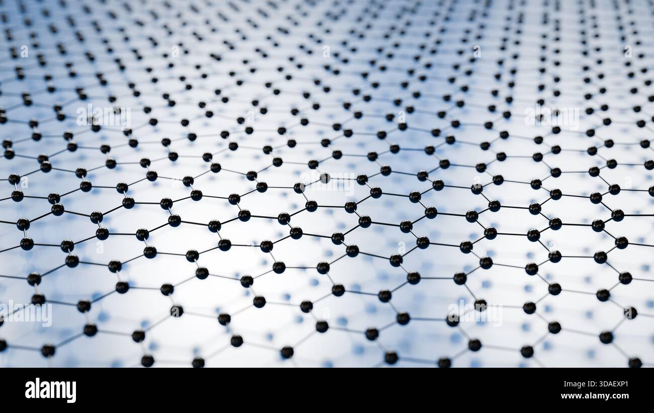 Couche d'un réseau en nid d'abeilles de graphène fabriqué à partir d'atomes de carbone. Le graphène est exceptionnellement fort, a une très bonne conductivité. Utilisé pour les appliques modernes Banque D'Images