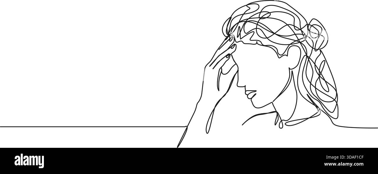 dessin de ligne continue de femme ayant un mal de tête touchant son front, illustration vectorielle d'art au trait Illustration de Vecteur