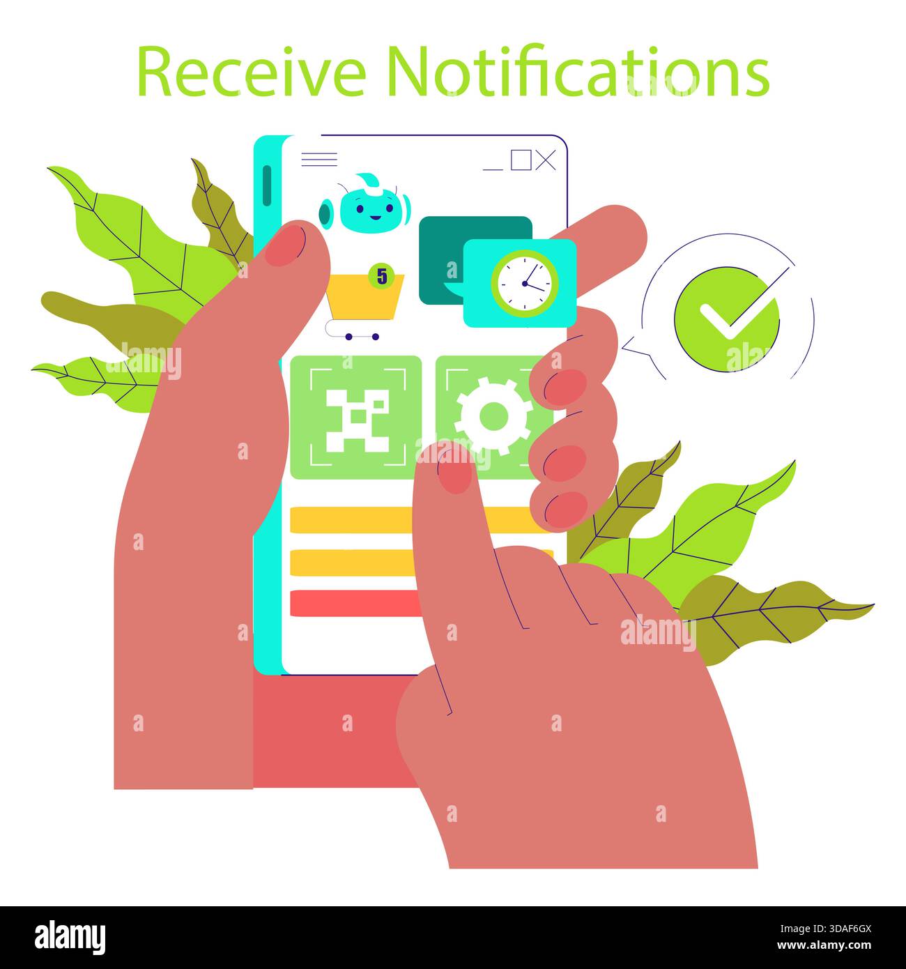 Illustration vectorielle montrant une personne interagissant avec un smartphone pour vérifier et recevoir des notifications. L'écran affiche diverses icônes et une coche symbolisant les alertes confirmées. Illustration de Vecteur