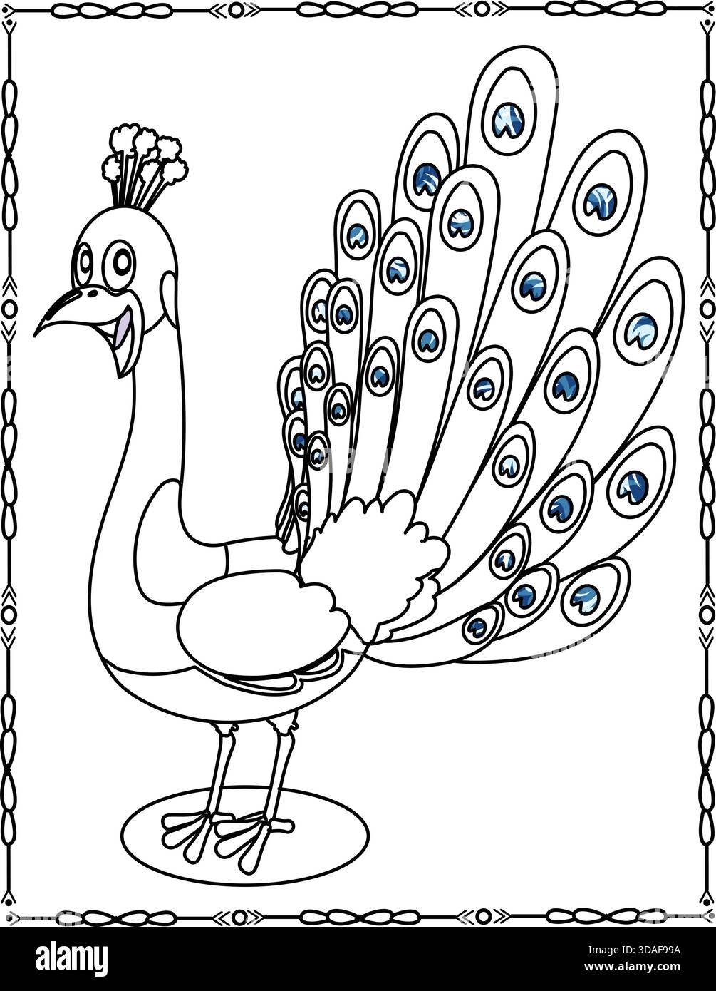 Belle page de coloriage Peacock pour enfants et adultes. Majestic Bird Line Art, Art imprimable pour enfants. Illustration de Vecteur