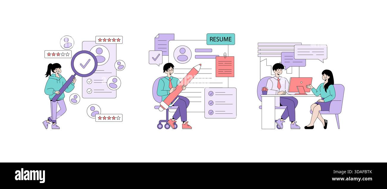 Illustration vectorielle représentant une femme évaluant des CV, un homme préparant un CV et deux personnes discutant d'un entretien d'embauche. La scène transmet le processus de recrutement. Illustration de Vecteur
