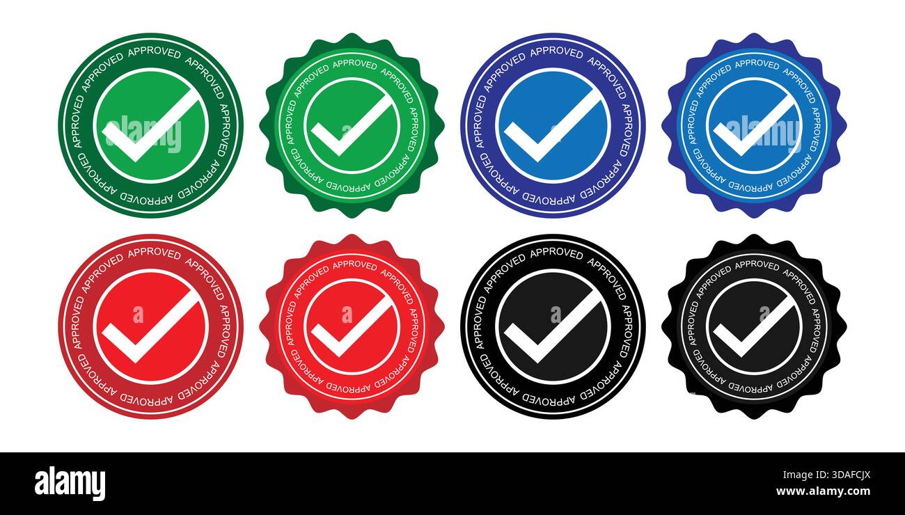 Jeu de badges de coche approuvés dans plusieurs couleurs Illustration de Vecteur