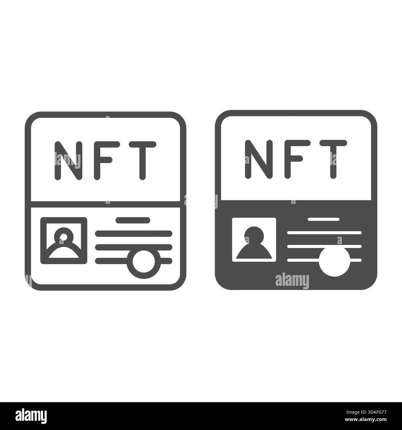 Identité d'auteur de la ligne NFT et icône solide, concept de métaverse crypto. Graphiques vectoriels. Certificat de token non fongible, signe de propriété sur fond blanc Illustration de Vecteur
