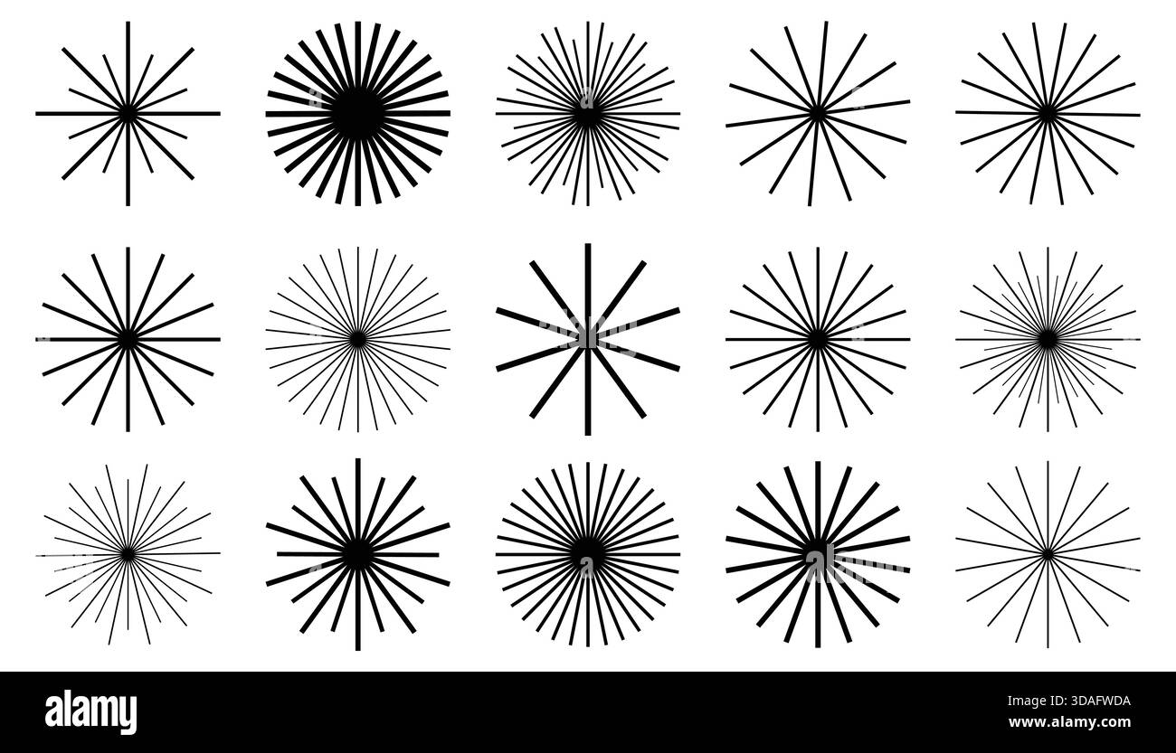 Ensemble de lignes circulaires radiales formant des formes géométriques. Les lignes rayonnantes circulaires créent des symboles de rayons solaires et d'étoiles. Parfait pour le design abstrait, backgroun Illustration de Vecteur