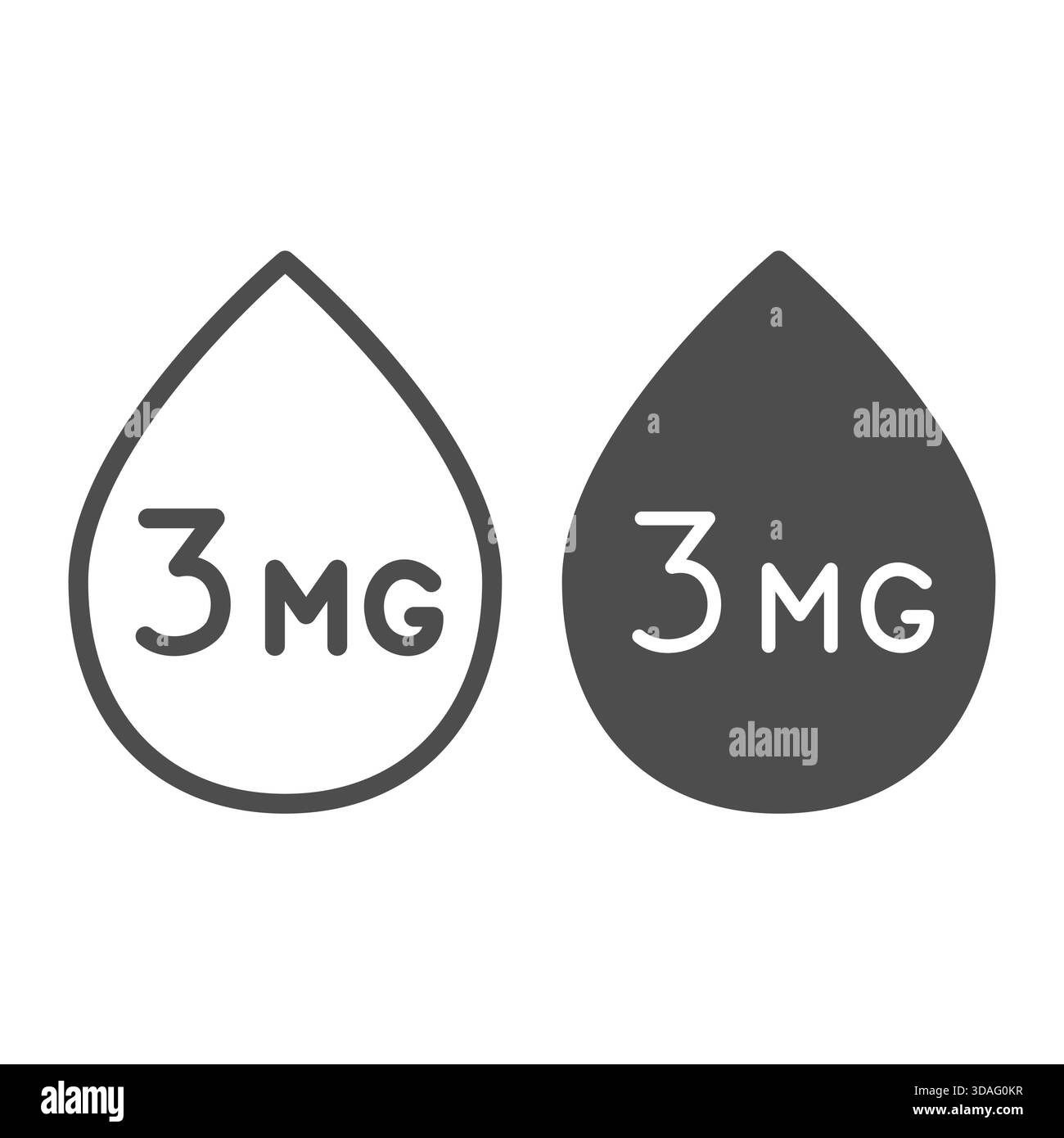 Goutte de ligne de liquide et icône solide, concept de vapotage. Graphiques vectoriels. Trois milligrammes de signe de nicotine sur fond blanc, icône de style de contour pour mob Illustration de Vecteur