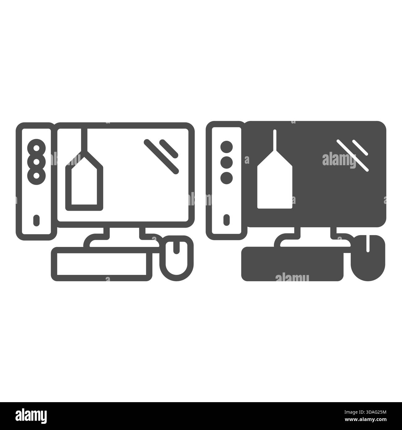 Ordinateur et moniteur avec ligne d'étiquette de prix et icône solide, concept cyber monday. Graphiques vectoriels. Ensemble d'affiches de quincaillerie informatique en stock sur le fond blanc Illustration de Vecteur