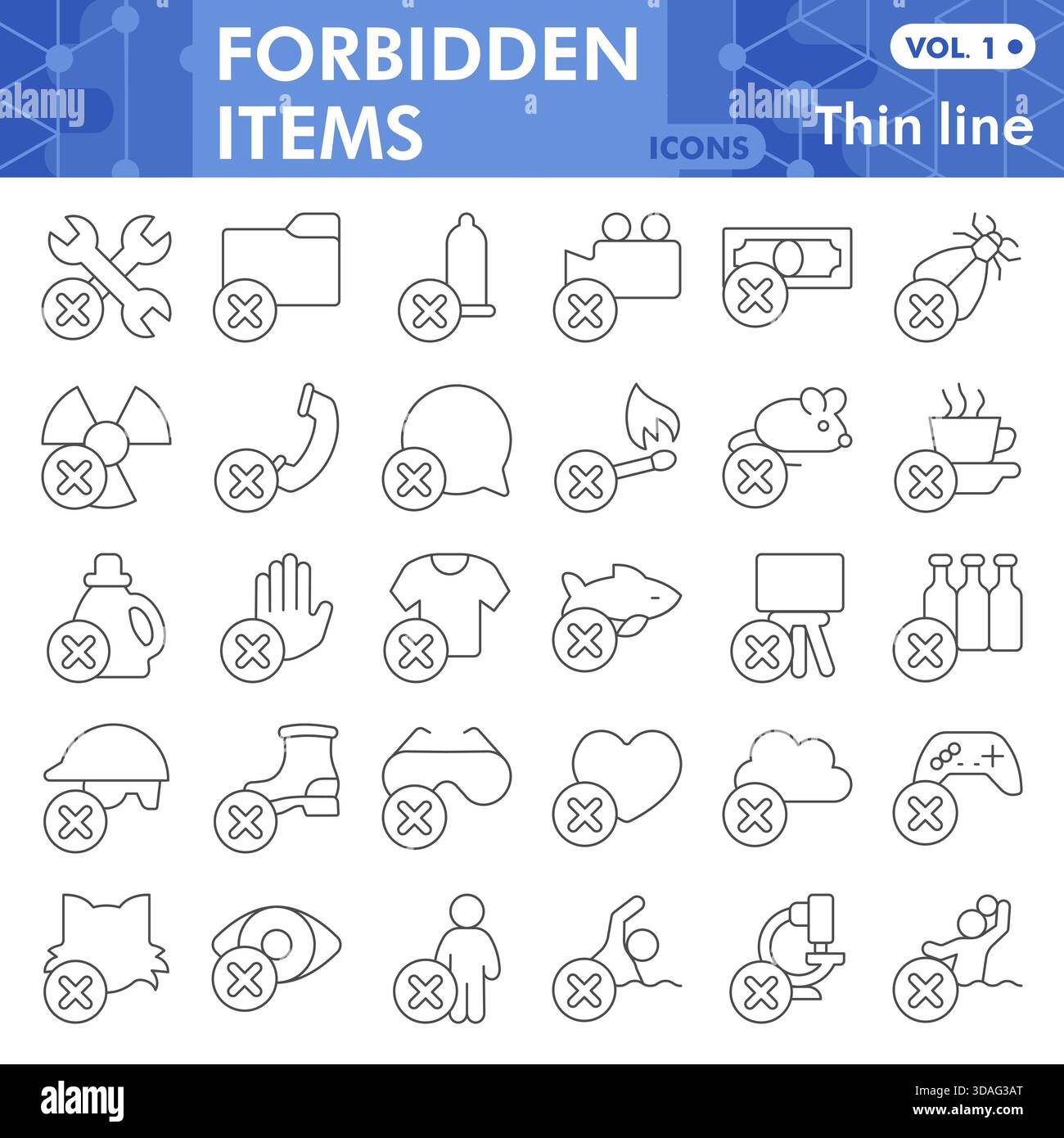 Collection de symboles d'articles interdits ou croquis, thème d'interdiction avec des signes de style de ligne mince pour le web et l'application. Graphiques vectoriels isolés sur fond blanc Illustration de Vecteur