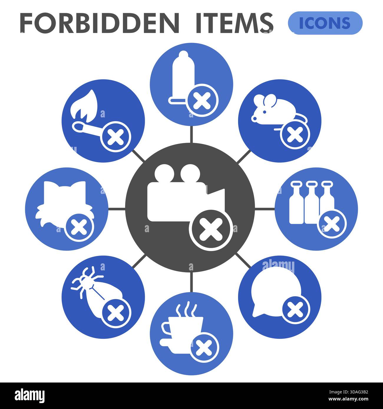 Collection de symboles d'articles interdits ou croquis, bulle de thème d'interdiction avec des signes de style glyphe pour le web et l'application. Graphiques vectoriels isolés sur BA blanc Illustration de Vecteur