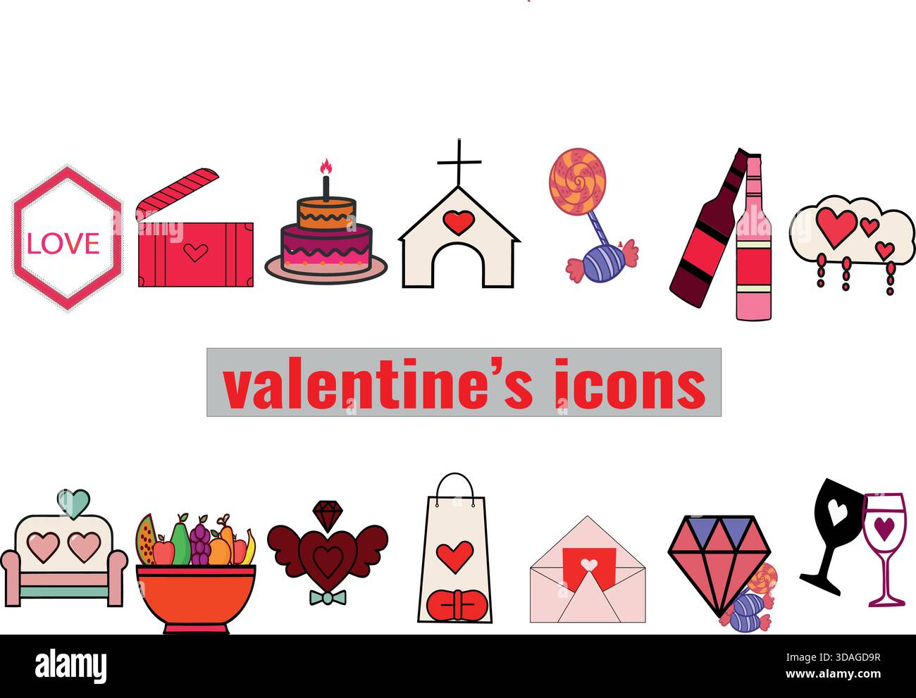 Ensemble d'icônes vectorielles de conception plates colorées représentant divers symboles romantiques et de la saint-valentin, y compris des cadeaux, des bonbons et des boissons Illustration de Vecteur