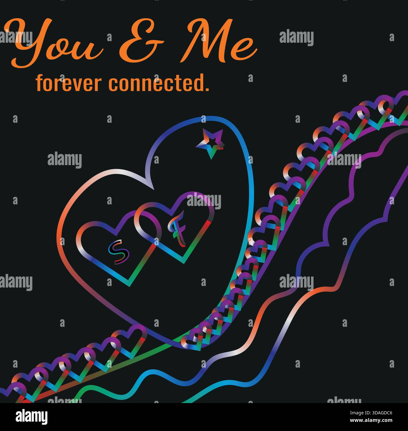 Conception vectorielle d'amour et de romance éclatante au néon avec des coeurs connectés et un texte lisant « You & me Forever Connected » sur un fond sombre Illustration de Vecteur