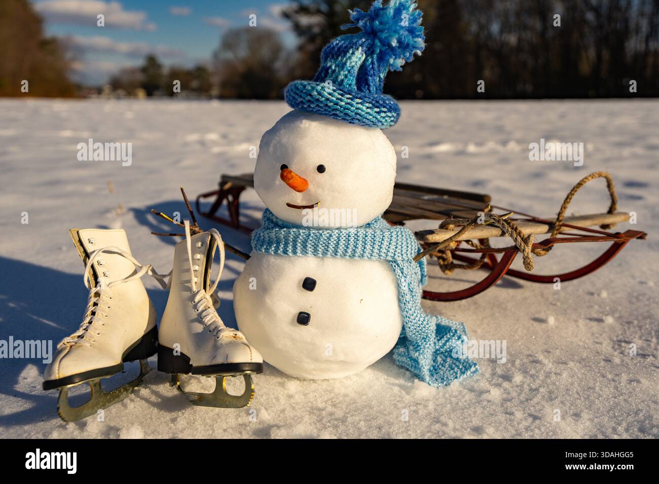 Bonhomme de neige drôle de vacances. Bonhomme de neige debout sur la neige. Ciel bleu hiver avec bonhomme de neige. Bonhomme de neige souriant au soleil. Bonne scène saisonnière. Banque D'Images