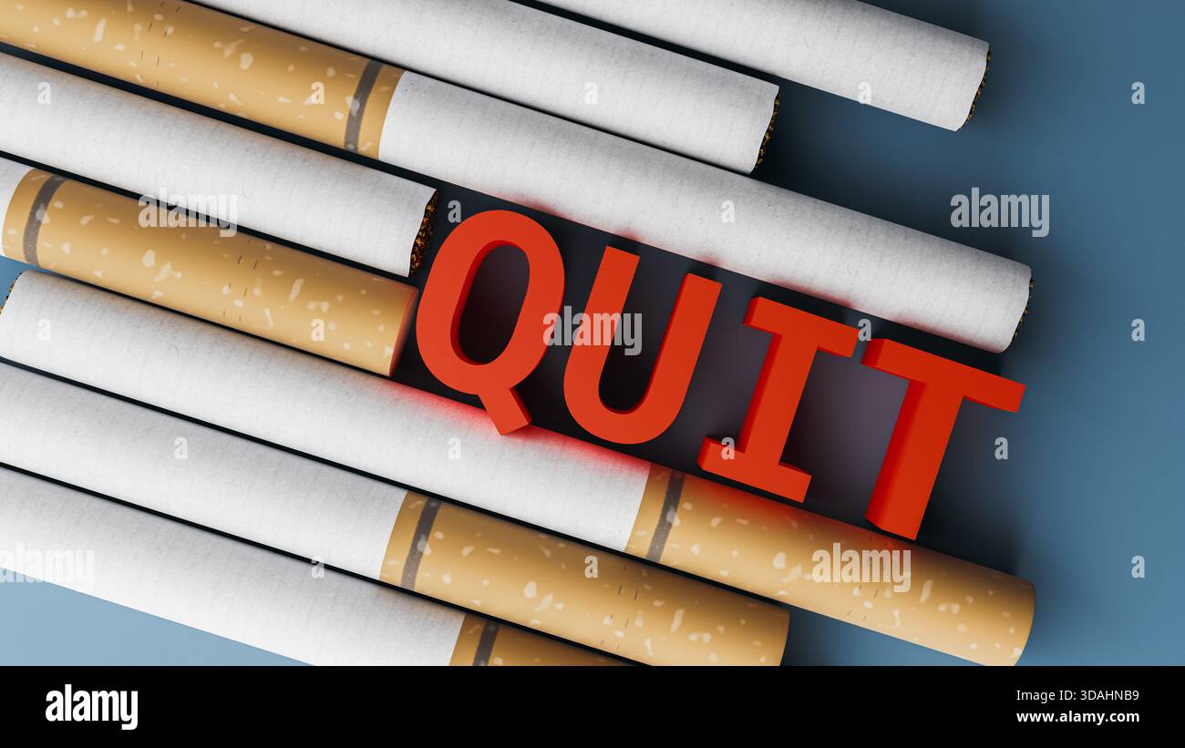 Arrêter de fumer message texte rouge sur fond de cigarettes. rendu 3d. Banque D'Images