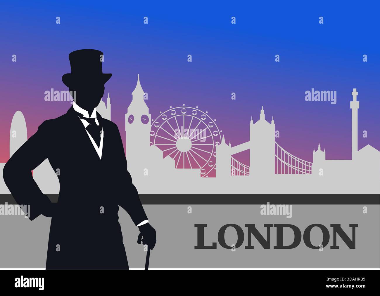 Silhouette d'un gentleman victorien tenant une canne avec l'horizon de londres en arrière-plan. Illustration dessinée à la main Illustration de Vecteur