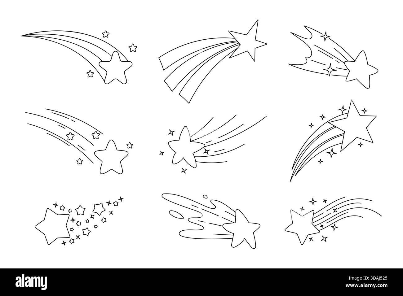 Différentes étoiles filantes de style doodle avec différents sentiers et étincelles, idéales pour les dessins à thème céleste Illustration de Vecteur