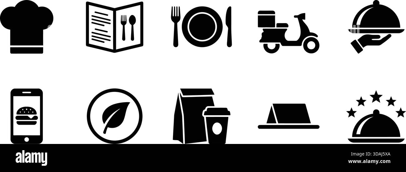 Icônes vectorielles noires essentielles pour la restauration, la restauration et la technologie de service alimentaire en ligne. Inclut des symboles pour la livraison, les menus, les chefs et les commandes mobiles Illustration de Vecteur