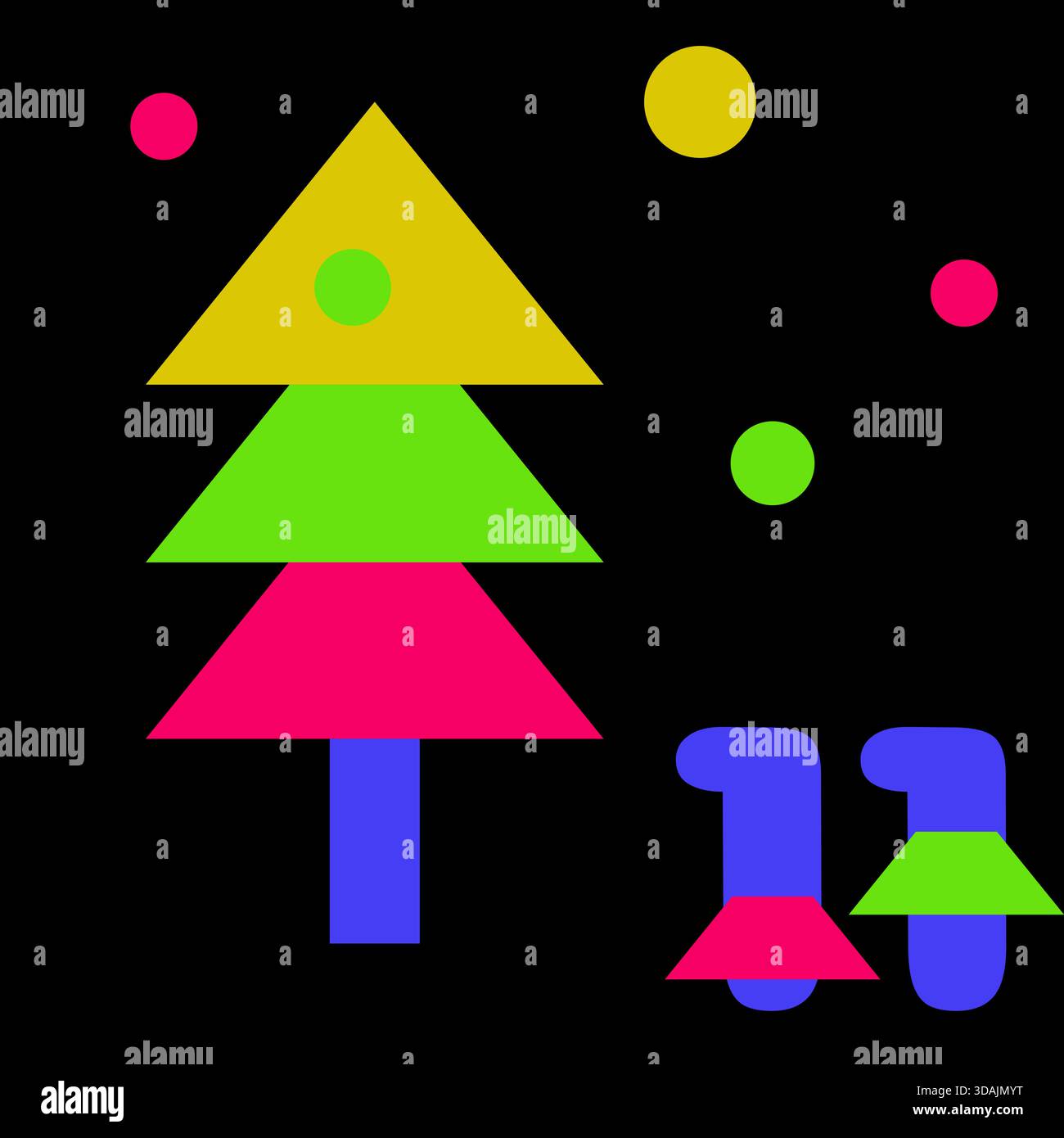 Couleurs néon et illustration noire de calendrier de l'Avent dans le style vectoriel plat avec l'arbre de Noël et du nouvel an Illustration de Vecteur