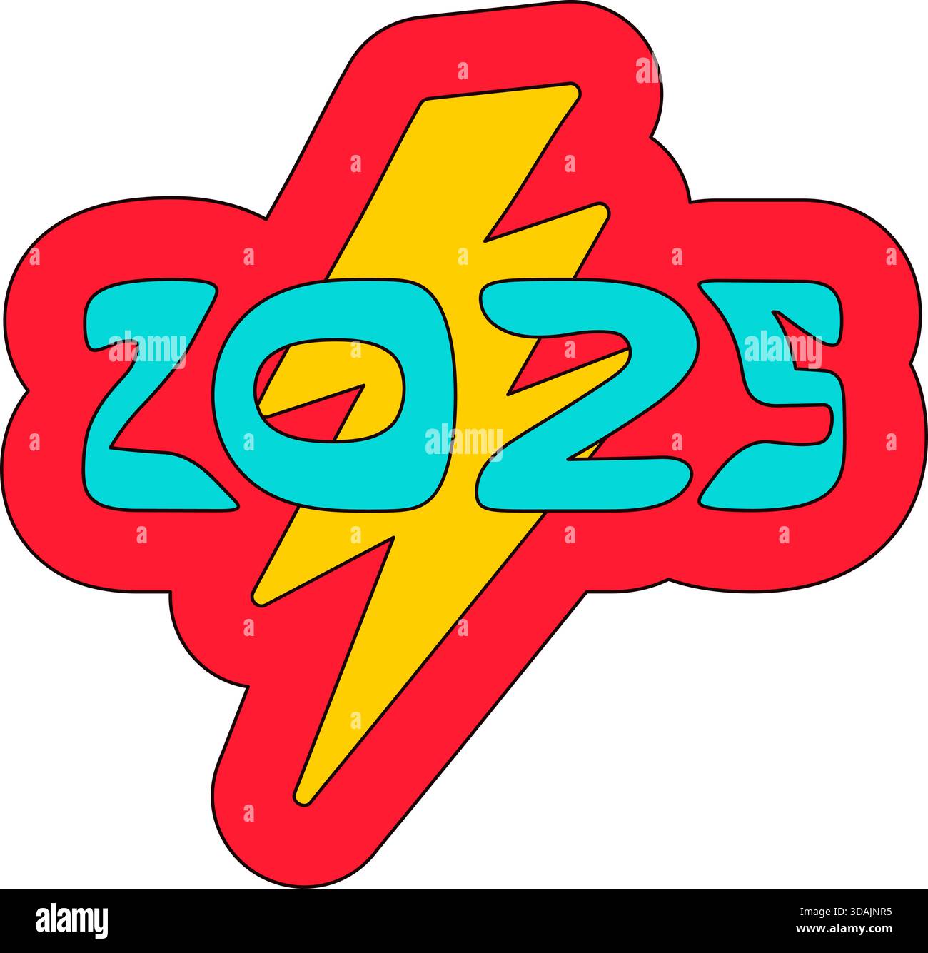 Illustration rouge avec texte 2025 et foudre. Autocollant du nouvel an ou carte-cadeau dans le style ancien de 2000. Autocollant rétro de dessin animé Y2K sur fond blanc Illustration de Vecteur