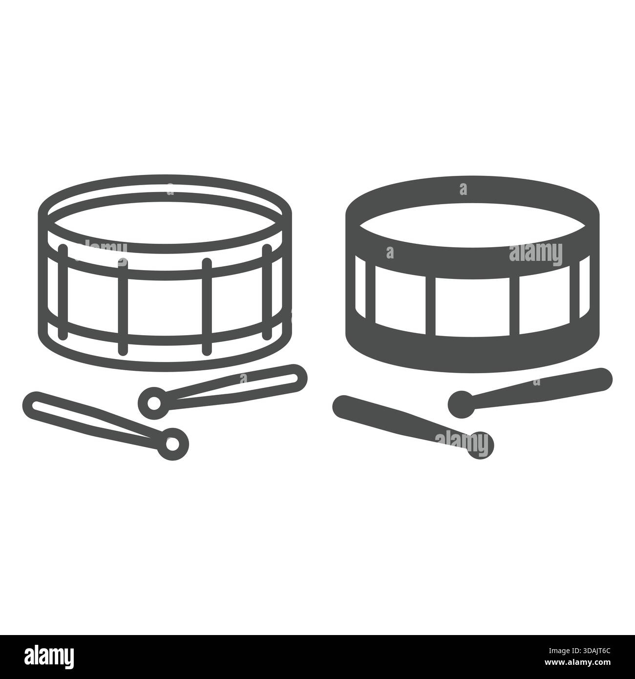 Snare drum et bâtons ligne et icône solide, concept d'instruments de musique. Graphiques vectoriels. Signe de batterie sur fond blanc, icône de style de contour pour mobile o Illustration de Vecteur